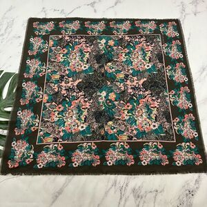 Express Vintage 90s Square Scarf Gray Pink Floral Fringe Trim Boho Made in Italy